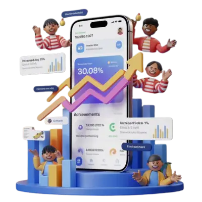 A 3D depiction of a mobile dashboard showcasing analytics, growth statistics, and achievements.