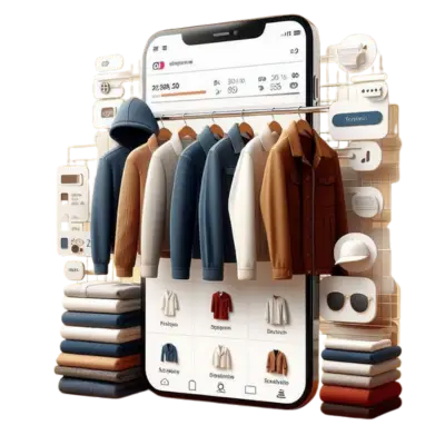A 3D concept of a mobile shopping application featuring clothing items and fashion accessories.