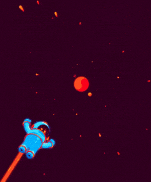 An animated astronaut floating in space, reaching towards a glowing red planet amidst stars and meteors.