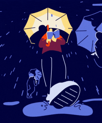 An animated figure walking in the rain under a yellow umbrella, reading a book, with other umbrellas in the background.