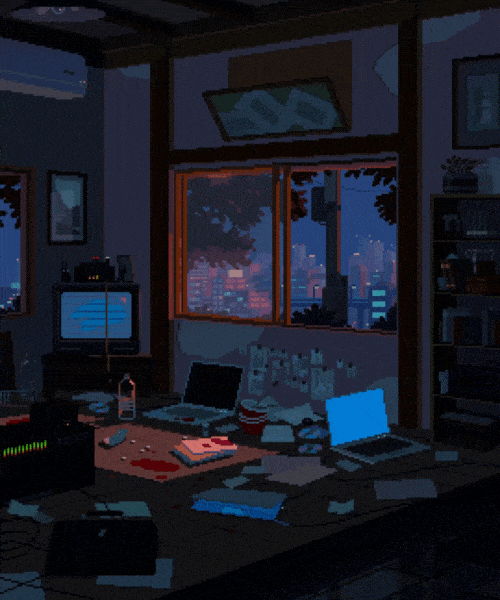 An animated nighttime view of a cluttered home office with glowing screens and a cityscape visible through the window.