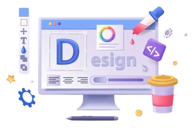 3D illustration of a desktop with design tools used for UI/UX at NKB Quantum Labs